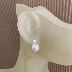 NWOT Solid Silver & Pearl Stud Earrings with CZ on Post